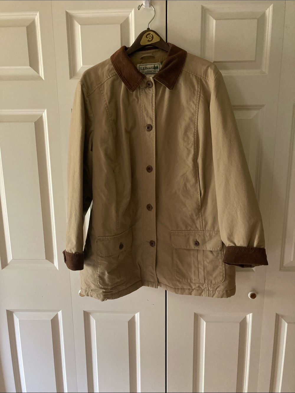 L.L. Bean women's Adirondack Barn Coat quilted lining tan corduroy insulated